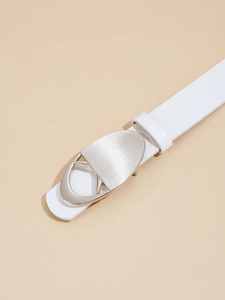 Detailed close-up of a white leather belt with a brushed silver hollow metal buckle