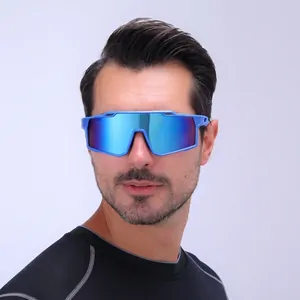 Cycling sports sunglasses with blue mirrored shield lenses for men and women