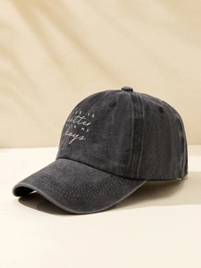 Detail of LIFE IS better WITH MY boys slogan on washed cotton baseball cap