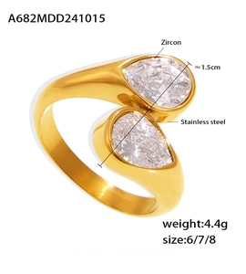 Detail view of 18k gold plated stainless steel ring with dual pear-cut zircon stones
