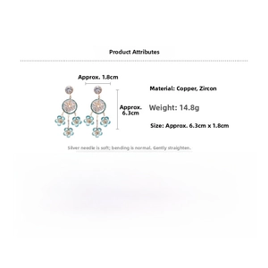 Macro view of floral drop earrings with blue petals, cubic zirconia, and measurement labels