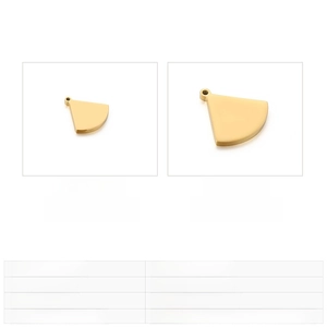 Detailed view of fan-shaped steel pendant charms in gold and silver finish with dimensions