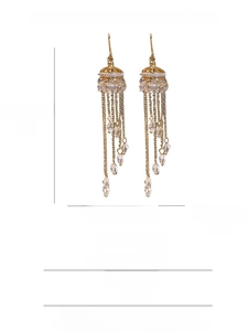 Detailed size chart for elegant long gold crystal tassel earrings showing 10cm length