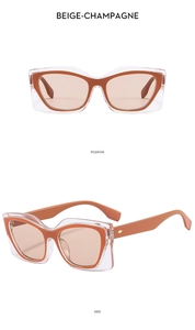 Front and 45-degree side views of square beige and champagne color block sunglasses
