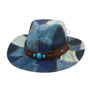 Vintage western patchwork denim cowboy hat with leather band and turquoise studs