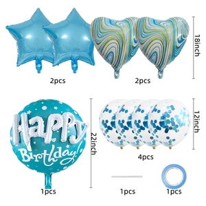 Detailed set list of blue birthday balloons including foil star, heart, and round shapes