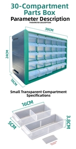 Detail view of 30-drawer parts organizer showing overall 38x24x18cm dimensions and dividers