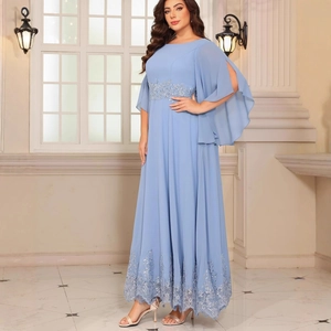 Light blue chiffon gown with silver floral embroidery and split cape sleeves