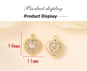 Detail view of 14mm heart-shaped zircon pendant with gold twisted edge and hollow back