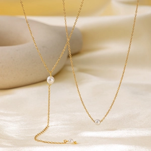 Minimalist Lariat Necklace Gold Plated Stainless Steel With Artificial Pearl Pendant Elegant Y Shaped Clavicle Chain For Women