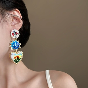 Retro pop art tiered enamel earrings with sun moon and sunflower motifs in gold frame