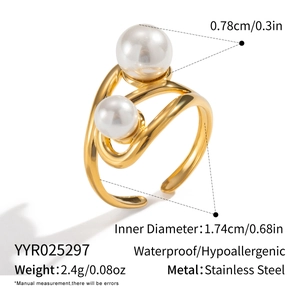 Macro detail of waterproof stainless steel double pearl ring with product dimensions