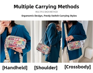 Detailed views of graffiti camera bag showing handheld, shoulder and crossbody styles