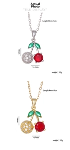 Detail display of cherry pendant necklace with size specs and metal color options