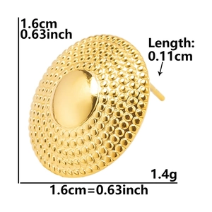 Detailed view of 1.6cm textured gold stainless steel stud earrings with size annotations