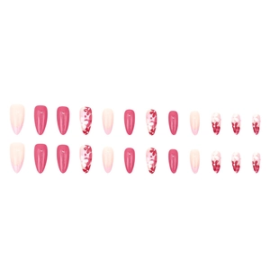 Pink almond press-on nails set with french gradient and floral designs 24pcs