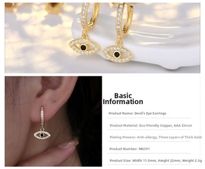 Detail of gold evil eye hoop earrings with AAA zircons and triple gold plating