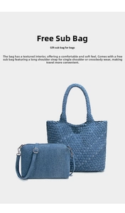 Detail of woven tote bag with matching denim crossbody pouch and silver hardware adjustment