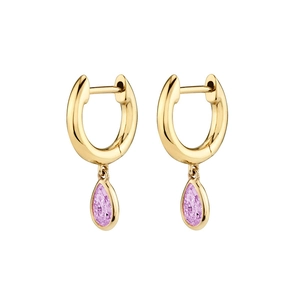 Macro view of 18K gold-plated hinged earrings with pear-cut pink zircon stone pendants