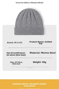 Gray merino wool beanie detail with 22x22cm size specs and 6cm ribbed cuff features