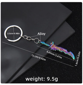 Detail showing dimensions and rainbow finish on 12cm metal sword keychain model
