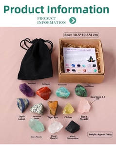 Set of 12 natural raw healing crystals with black pouch, display box and guide card
