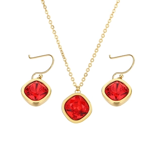 Elegant 18k gold-plated jewelry set with red square zircon necklace and hook earrings
