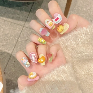 Handmade 3D cartoon butter bear press-on nails with macaron colors and cute 3D charms