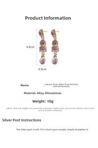 Detail view of purple crystal drop earrings with precise dimensions 4.8cm by 0.9cm