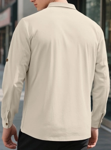 Macro detail of the textured waffle fabric on back of this men casual long sleeve shirt