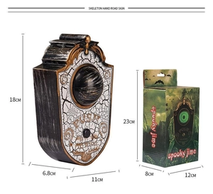 Macro detail of a spooky Halloween doorbell with glowing eye and Push to Ring button