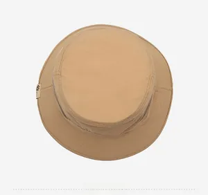 Detailed top view of khaki sun hat featuring breathable side mesh and quick-dry fabric