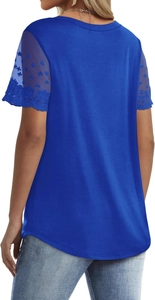 Detail of blue V-neck T-shirt back featuring elegant lace mesh splicing and floral embroidery