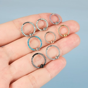 Set of 8 stainless steel BCR piercing rings with opal and clear crystal ball accents
