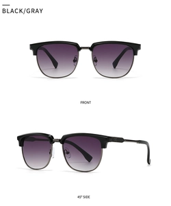 Detailed front and 45-degree side views of black half-frame sunglasses with gray lenses