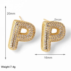 Detailed view of gold letter P stud earring with zircons, 20mm height and 16mm width