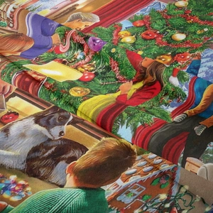 Detailaufnahme des hochwertigen Weihnachtswandteppichs mit lebendigem festlichem Druck