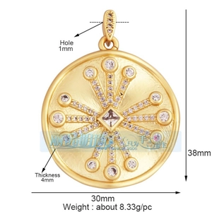 Macro view of 30x38mm gold North Star pendant with zircon inlay and product dimensions