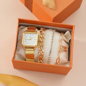 Luxury Gold Women Square Quartz Wristwatch And Fashionable Rhinestones Bracelets With Lock Pendant Retro Style Accessory