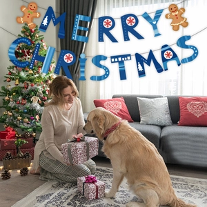 Cozy living room detail with Merry Christmas banner and gingerbread man decorations