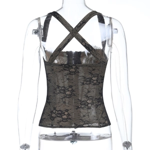 Close-up of black floral lace corset top featuring backless cross-strap design details