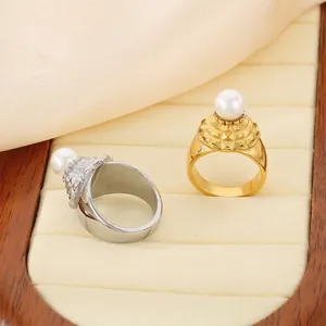 Bague Acier Inoxydable Incrustation Coquillage Künstliche Perle Synthétique Vintage Français Texturé Géométrique Bijoux Doigt Femmes Élégant