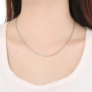 Close-up of minimalist silver stainless steel rope chain worn on a model neck