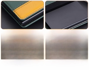 Detail view of premium leather stitching and metallic buckle on green fabric card holder