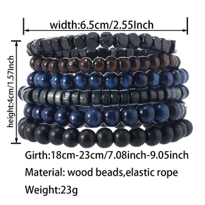 Detailed size chart for stacked handmade wood bead bracelets with elastic cords