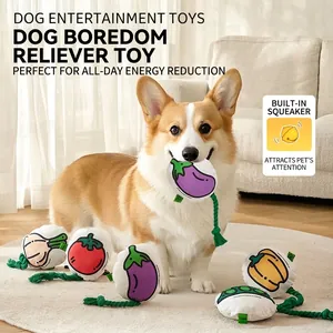 Squeaky vegetable plush dog toys with durable cotton rope for aggressive chewers