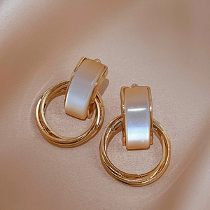 Geometric Double Circle Drop Stud Earrings With Opal And 925 Sterling Silver Earring Post Vintage Trendy For Women