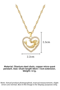 Detailed dimensions of mermaid heart pendant in gold titanium steel with zircon accents