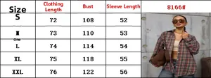 Size chart for women's long sleeve plaid shirt jacket showing S to XXL measurements