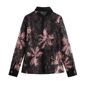 Lace long sleeve shirt for women featuring pink floral prints and black lapel collar